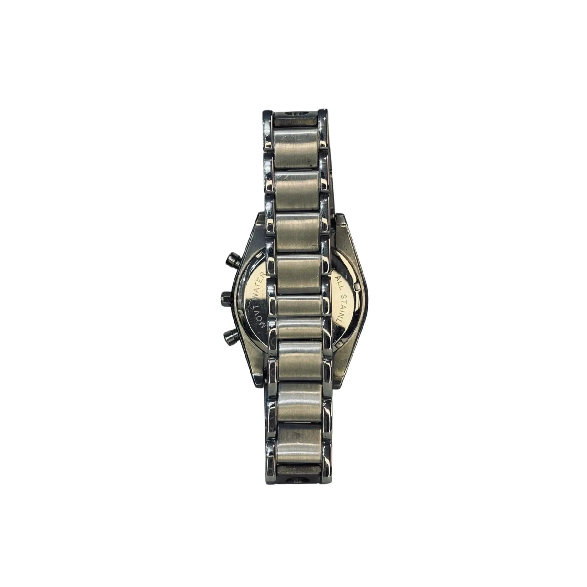 Stainless steel men's watch with metal link band, back view, Nasasi Lifestyle