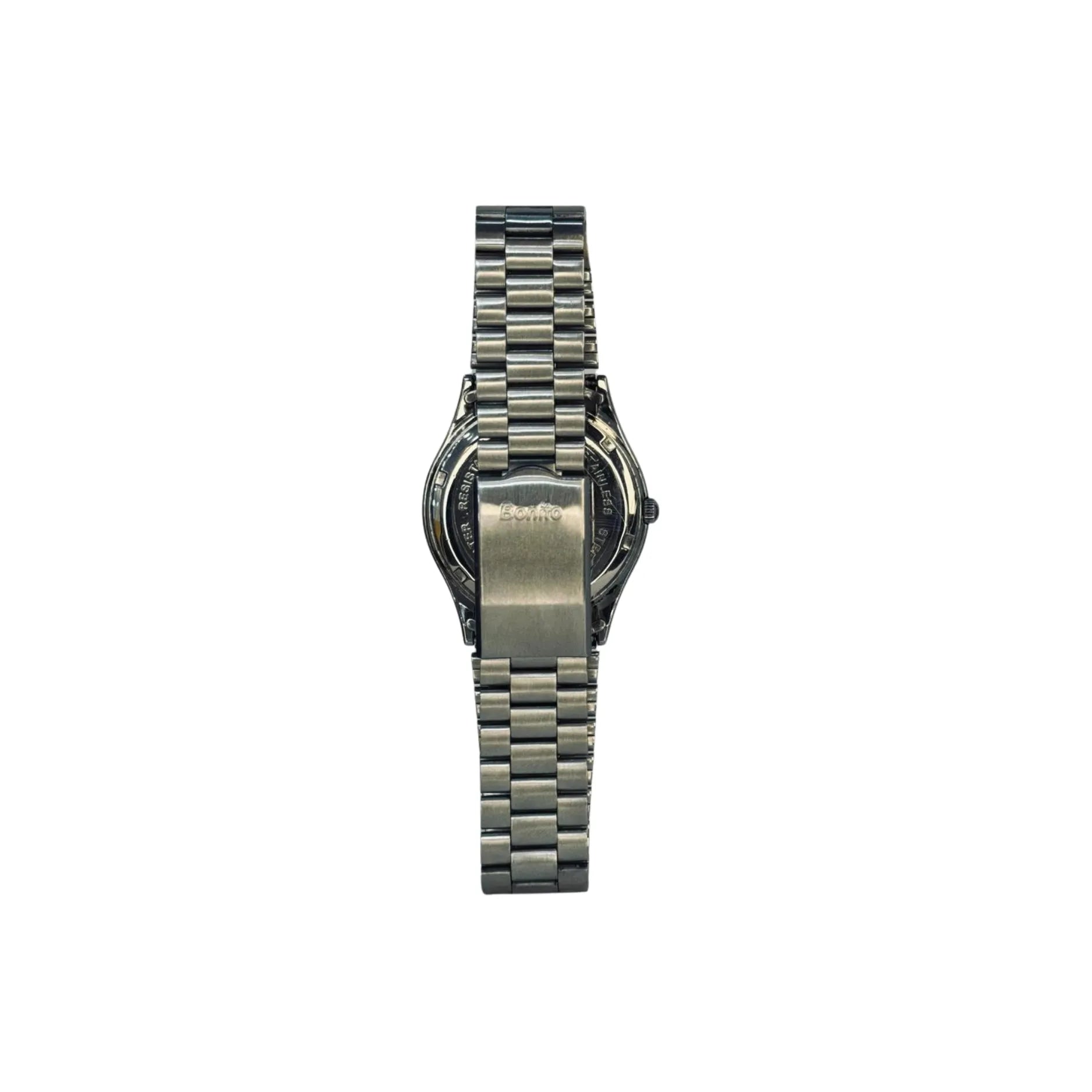 Stainless steel wristwatch with metal link band, back view, on white background, Nasasi Lifestyle