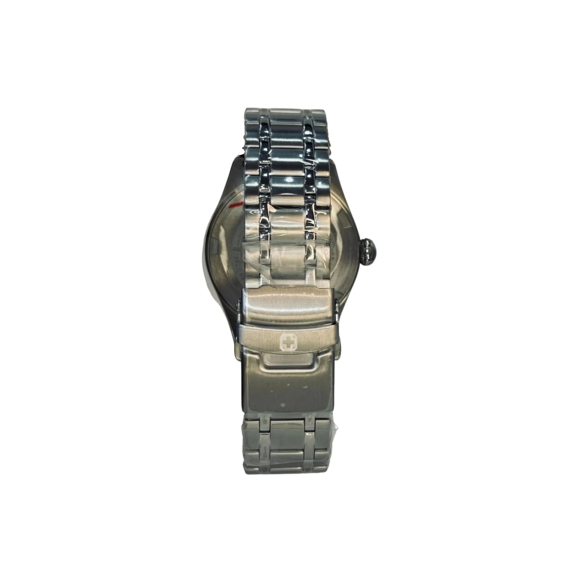 Stainless steel wristwatch with metal link bracelet, displayed from the back on white background