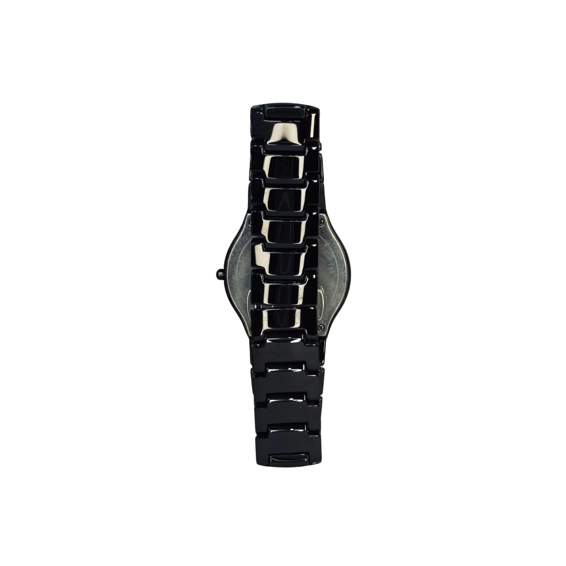Black metal wristwatch with a polished link band, back view, Nasasi Lifestyle accessory