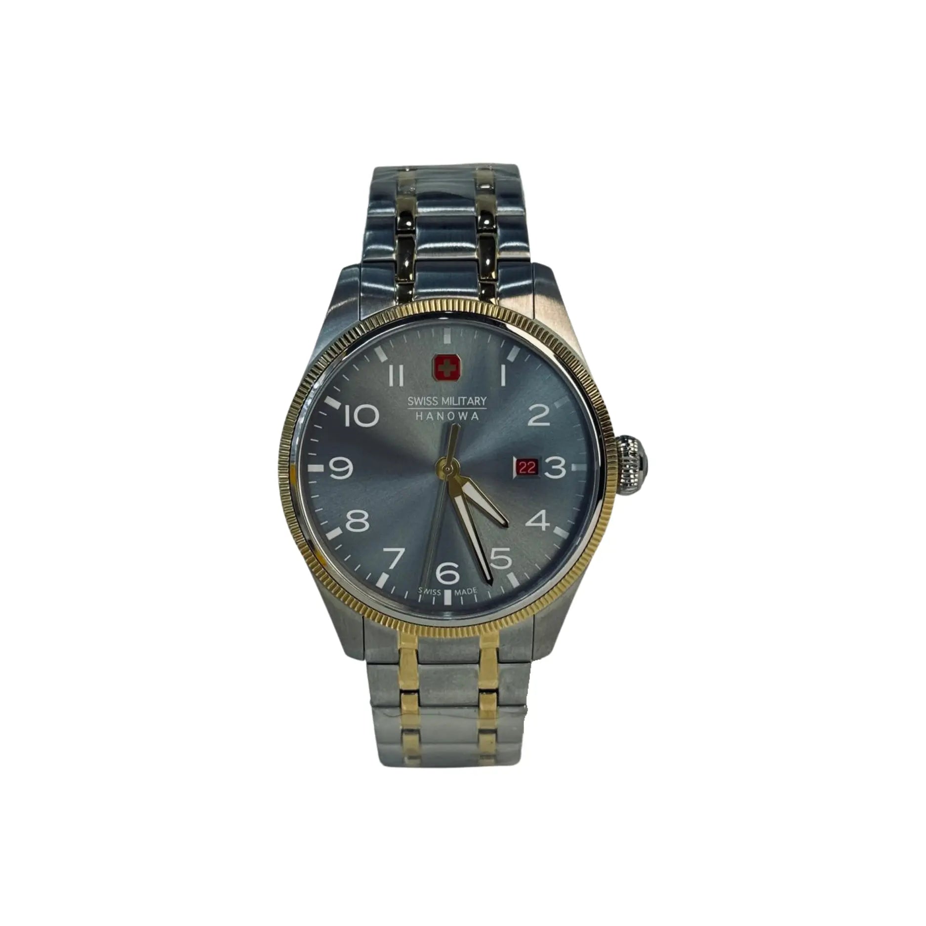 Swiss Military Hanowa men's wristwatch with silver and gold metal band, blue dial, and date display