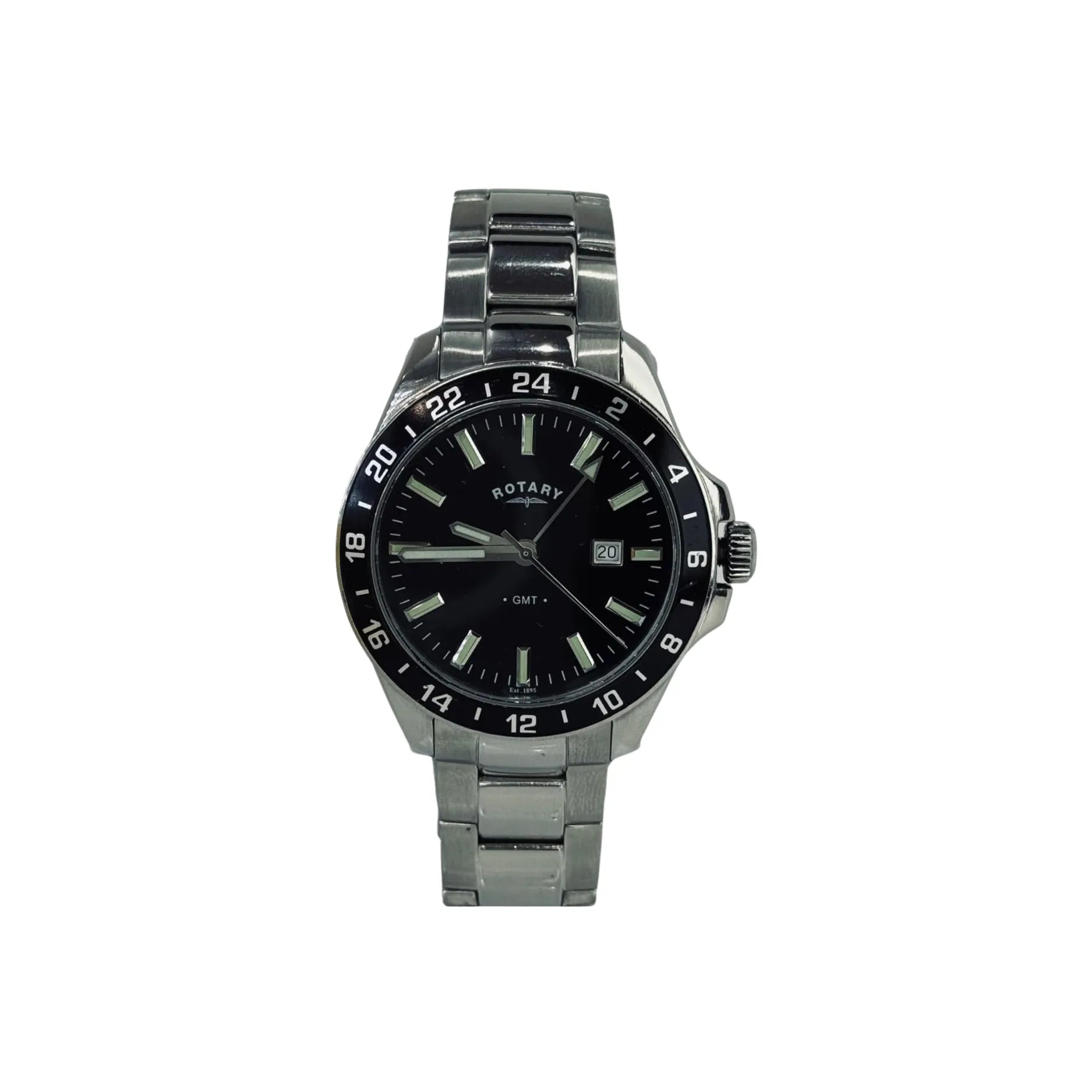 Rotary GMT stainless steel watch with black dial and date on white background, Nasasi Lifestyle