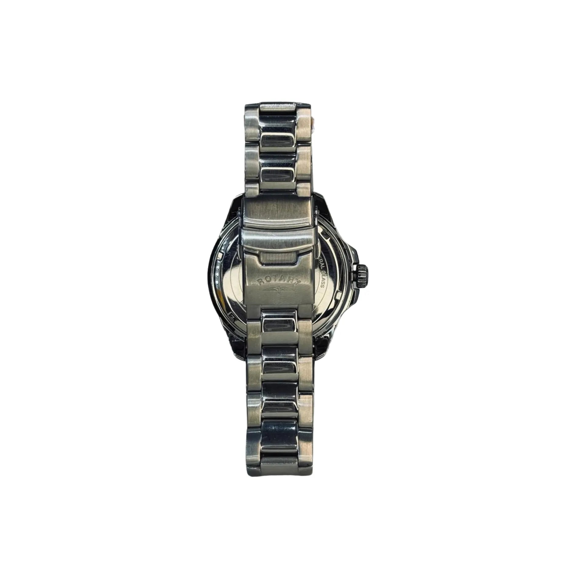 Stainless steel wristwatch with metallic link band, back view on white background