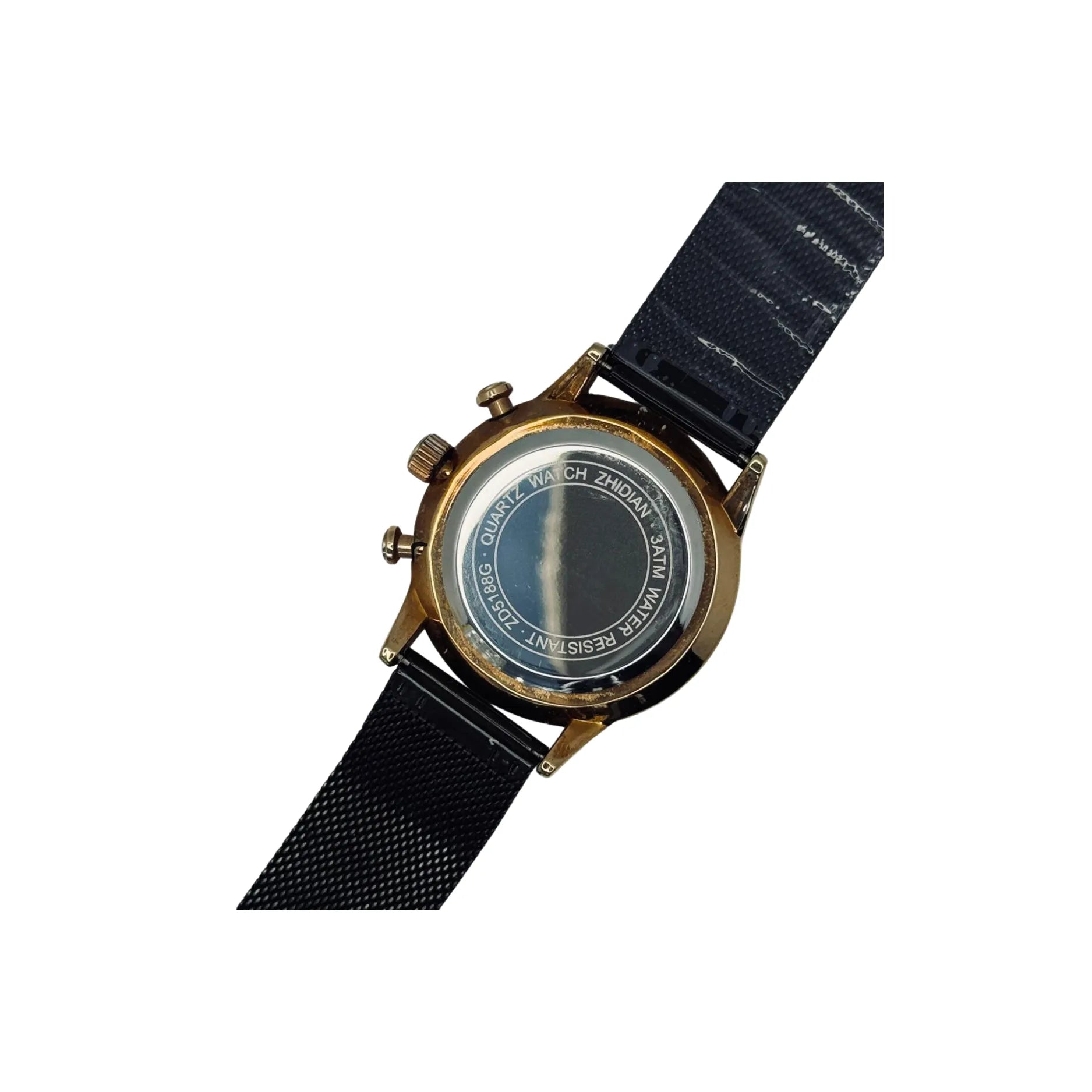 Back view of gold-tone quartz wristwatch with black mesh strap, Nasasi Lifestyle accessory