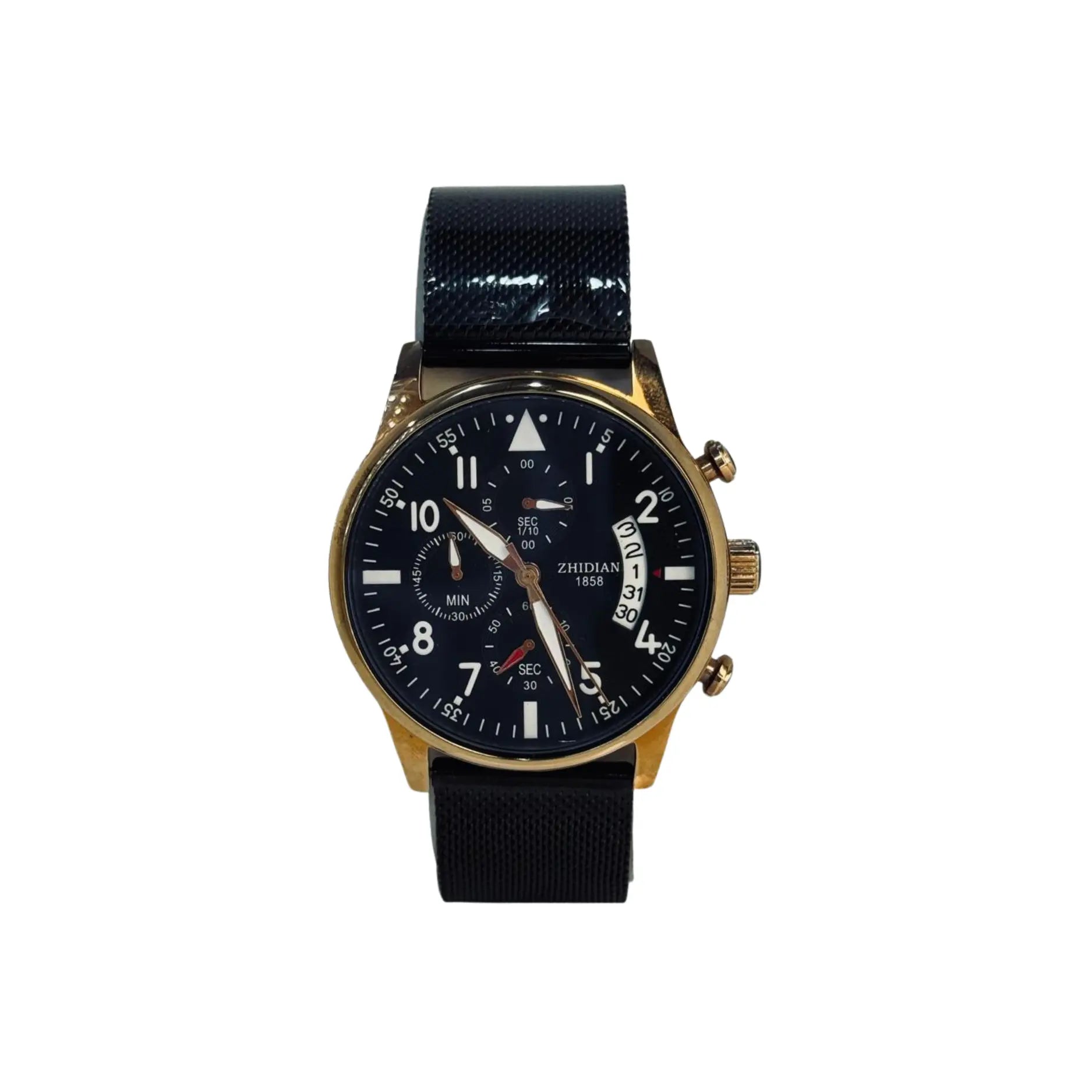 Black and gold analog wristwatch with black strap on white background, Nasasi Lifestyle