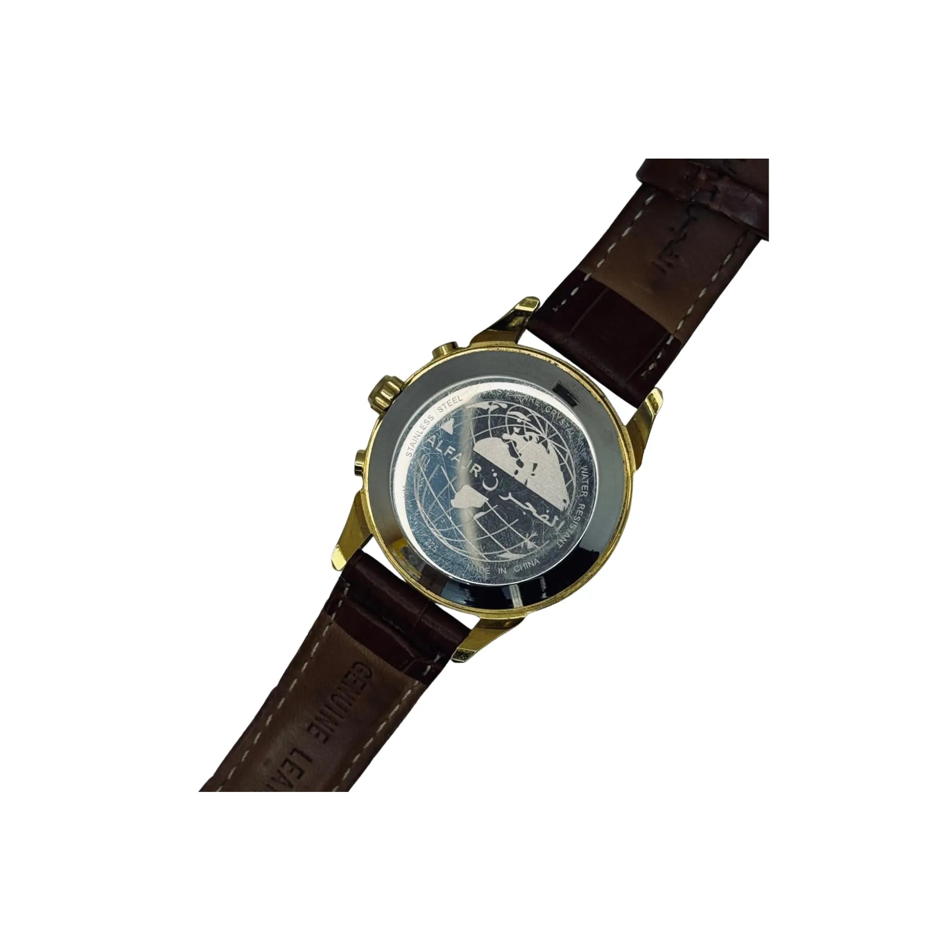 Back view of wristwatch with brown leather strap and globe design at Nasasi Lifestyle