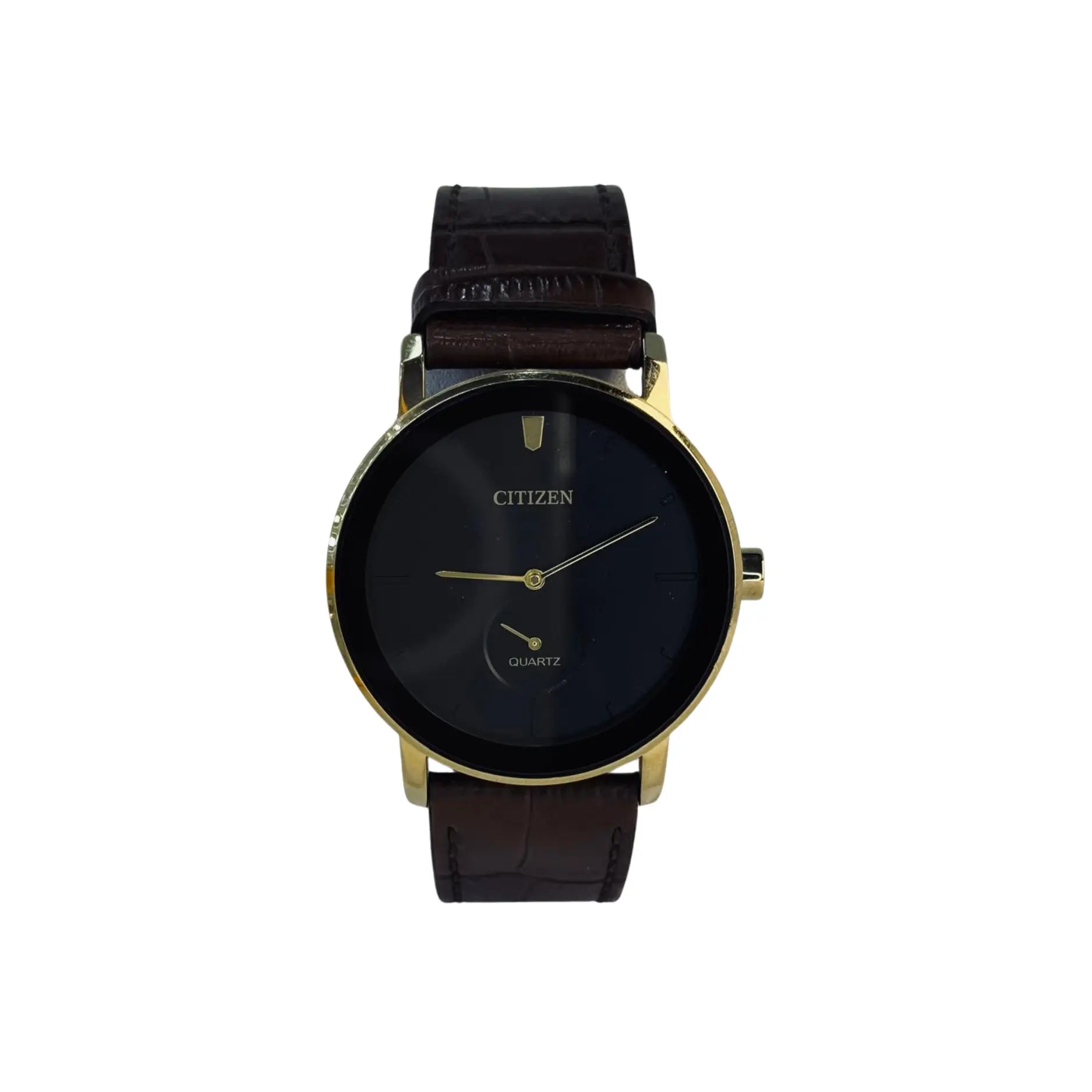 Citizen quartz watch with black dial, gold case, and brown leather strap on white background