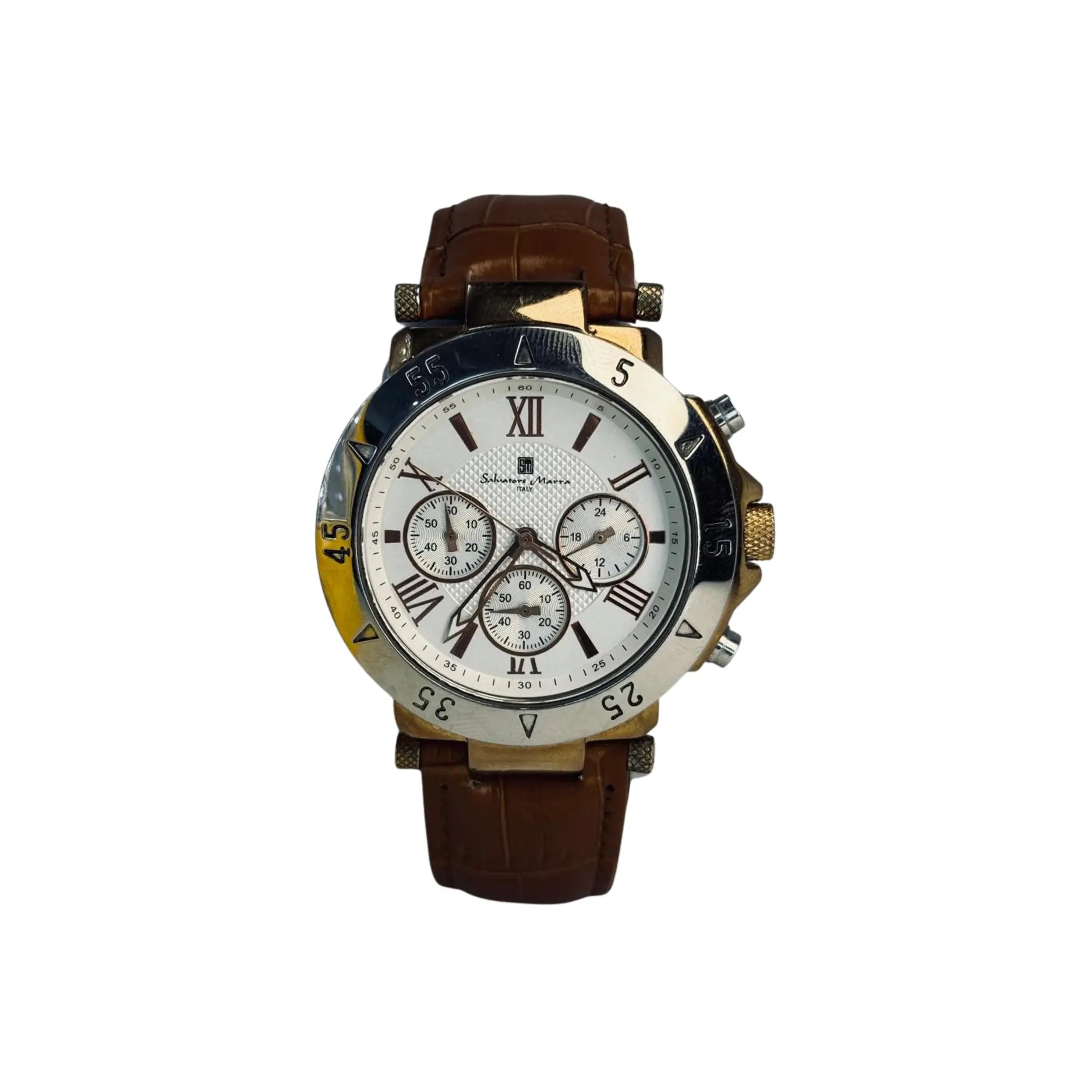 Men's luxury brown leather strap chronograph watch with silver bezel and white dial at Nasasi Lifestyle