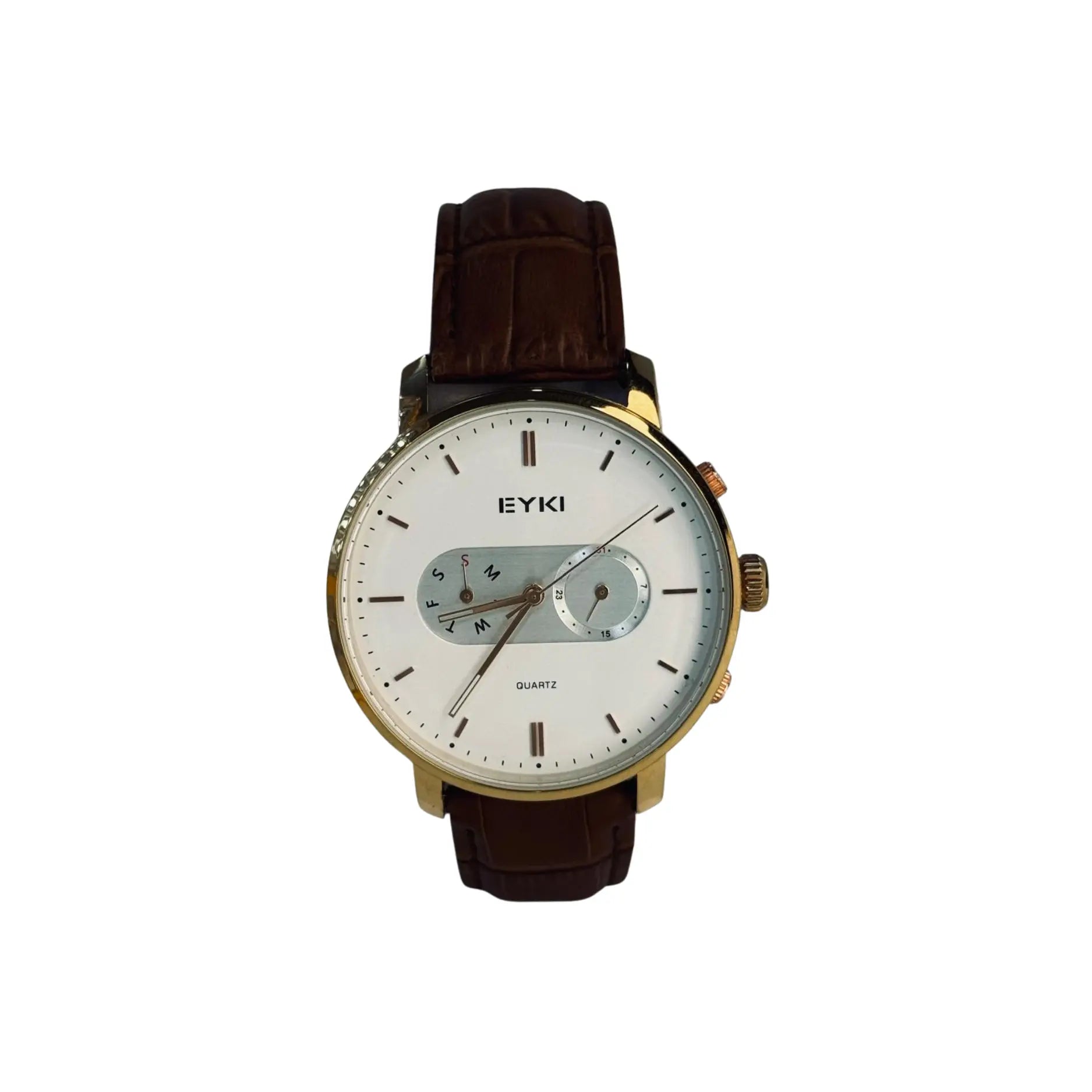EYKI quartz wristwatch with white dial, gold case, brown leather strap, Nasasi Lifestyle