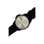 Back view of Swiss made black wristwatch with engraved case, Nasasi Lifestyle accessory