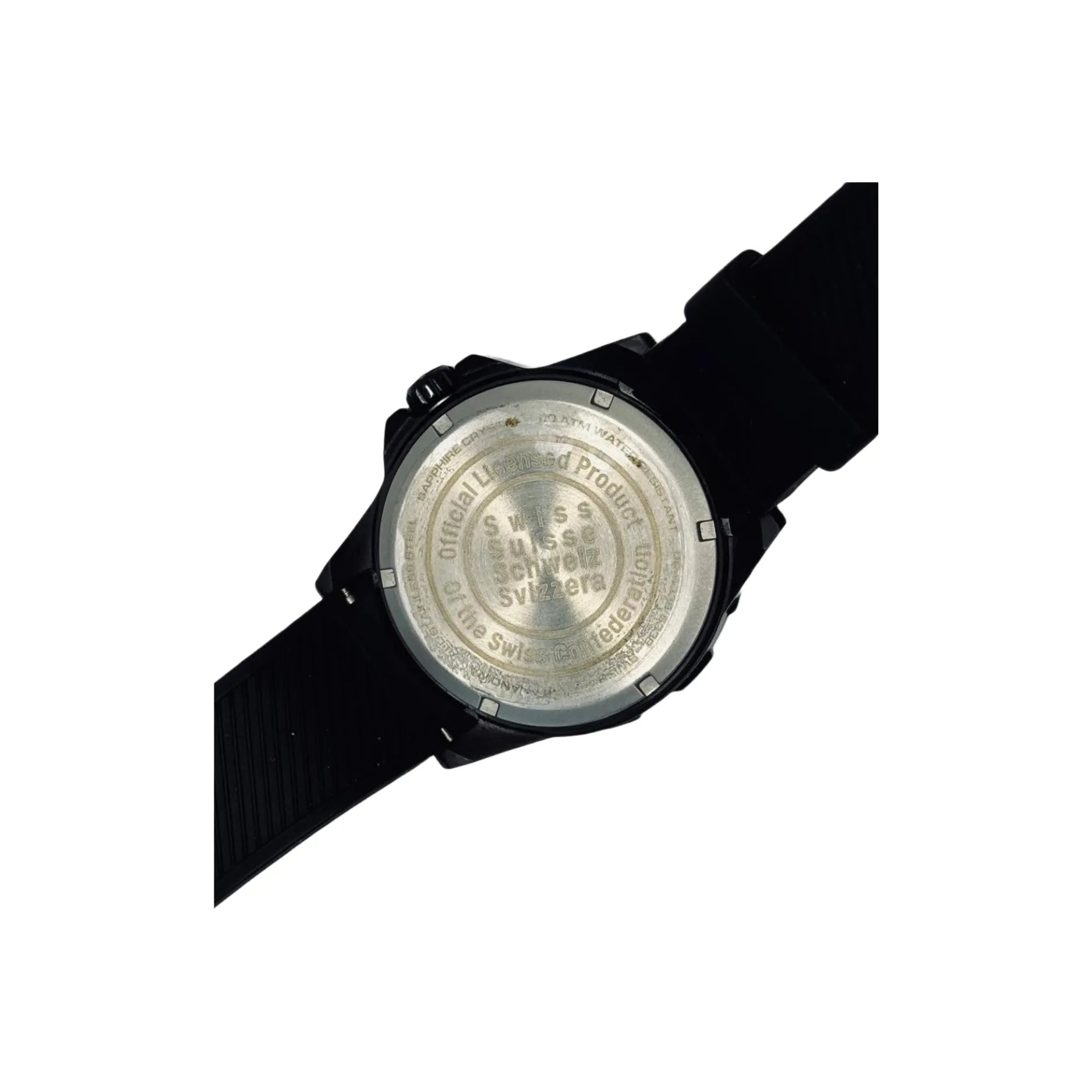 Back view of Swiss made black wristwatch with engraved case, Nasasi Lifestyle accessory