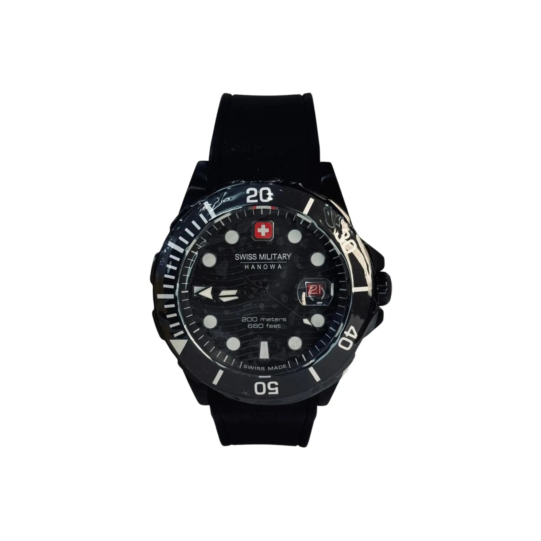 Swiss Military Hanowa black dive watch with rubber strap, featured on Nasasi Lifestyle