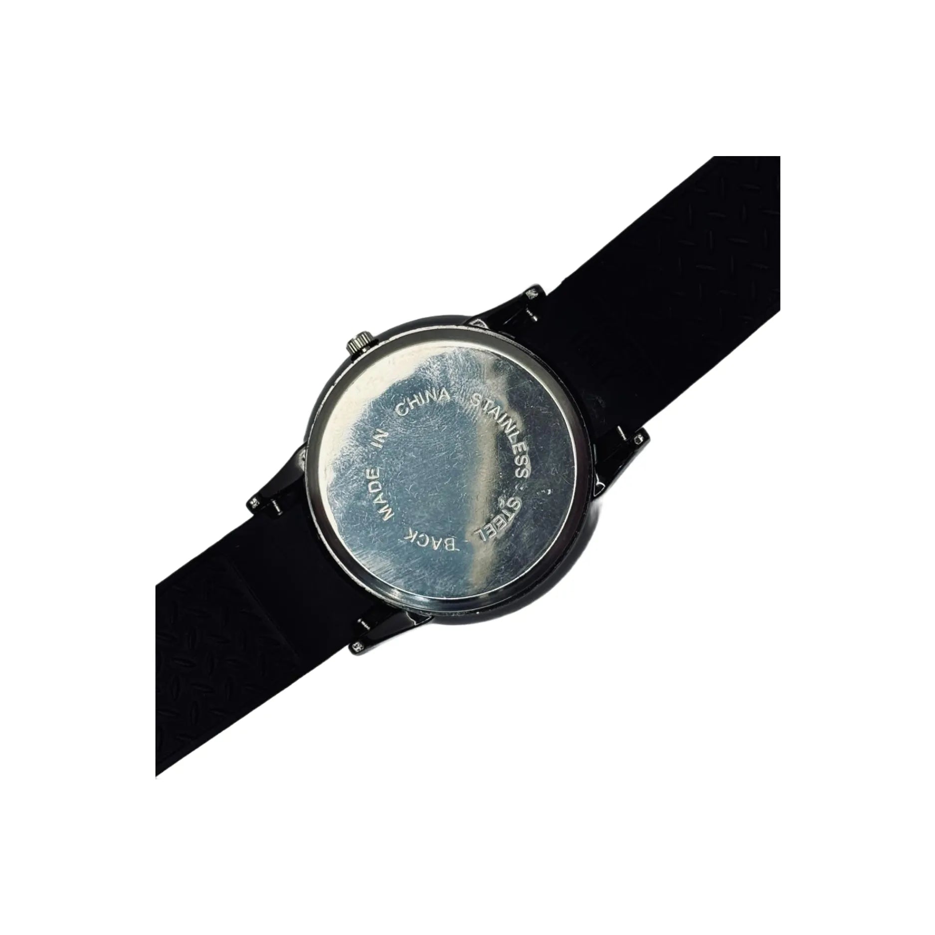 Back of stainless steel wristwatch with black strap, Nasasi Lifestyle product