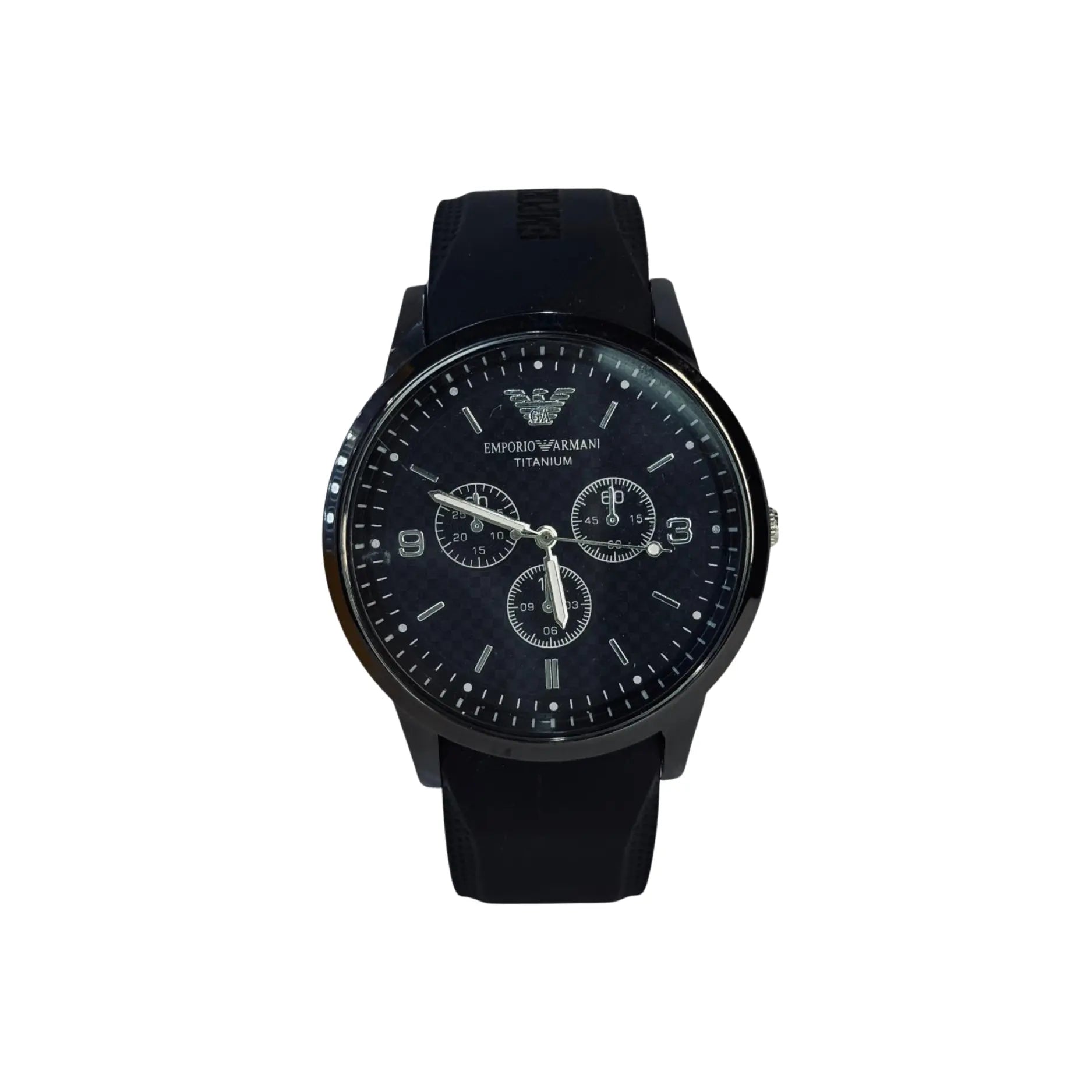 Black Emporio Armani titanium chronograph wristwatch with black strap, Nasasi Lifestyle
