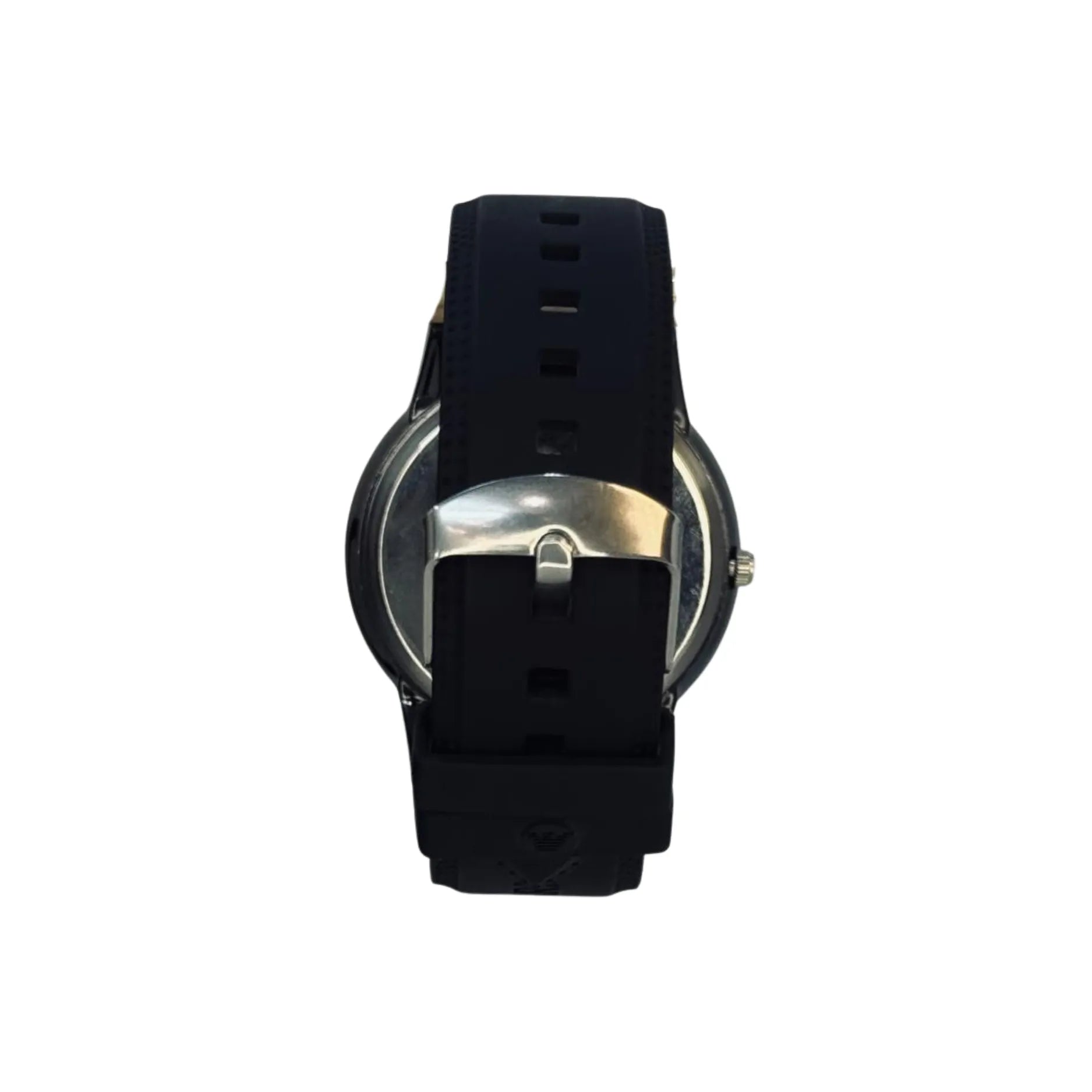 Black silicone strap wristwatch with silver buckle on white background, Nasasi Lifestyle