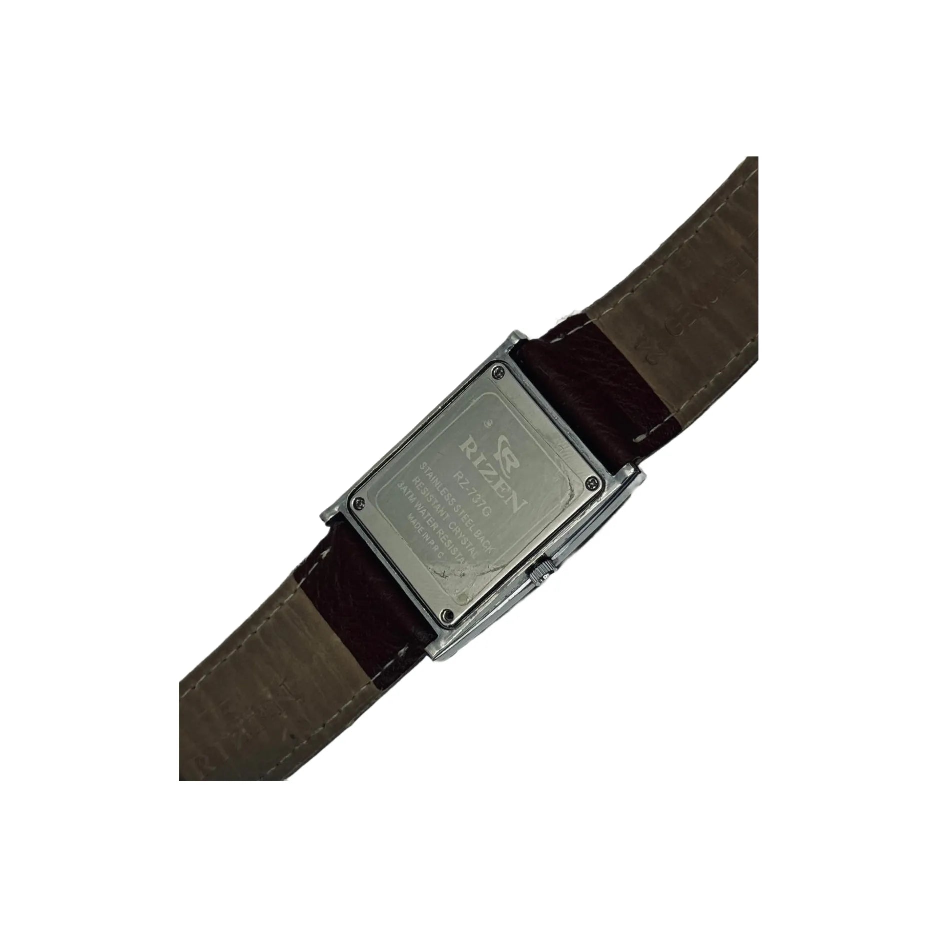 Back of Rizen men's wristwatch with brown leather strap, stainless steel case