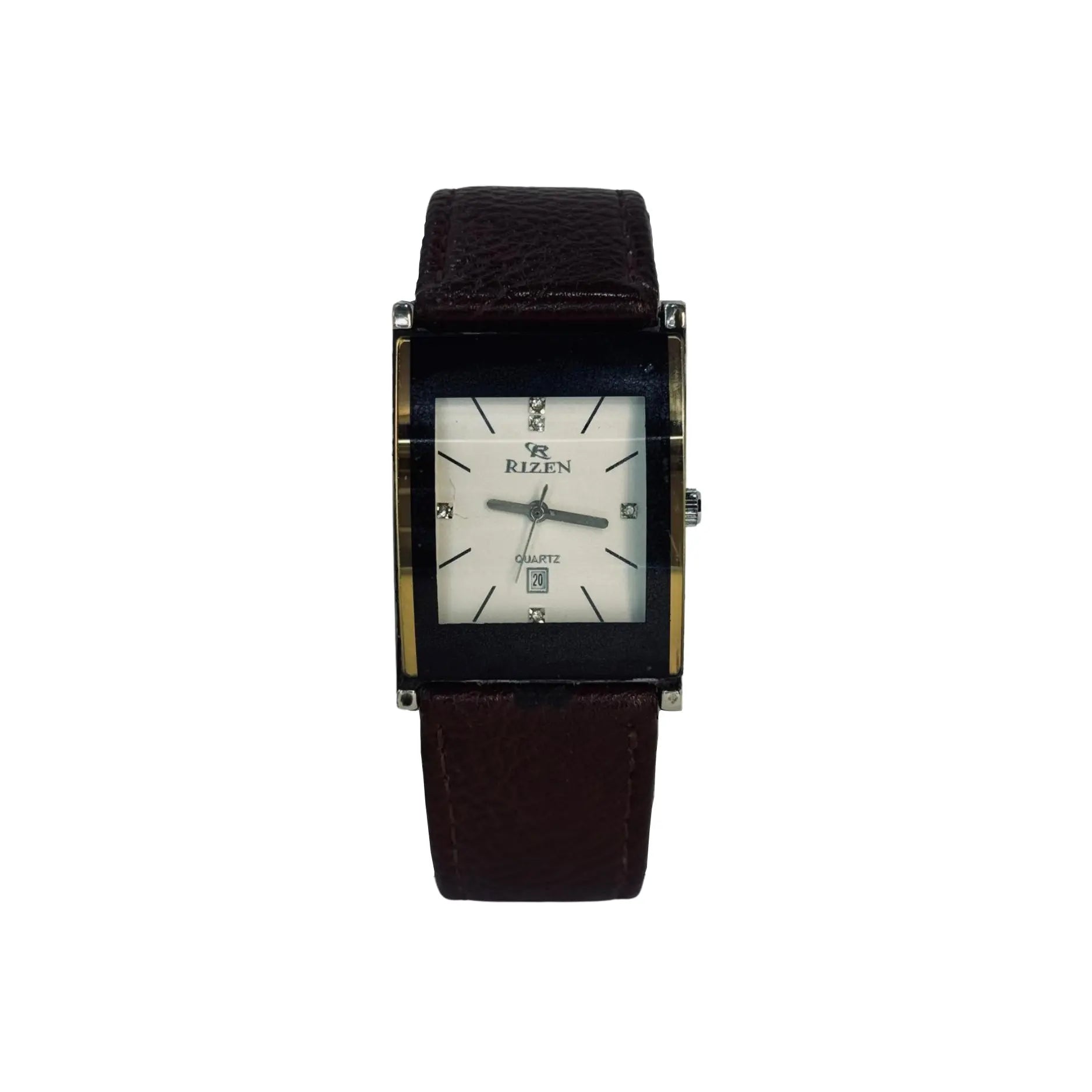 Rizen rectangular quartz watch with brown leather strap, displayed on white background