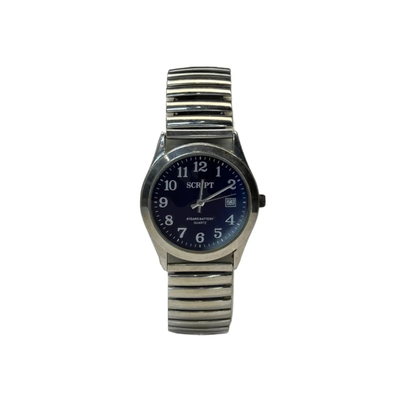Script quartz watch with black dial, silver metal band, and date display on white background