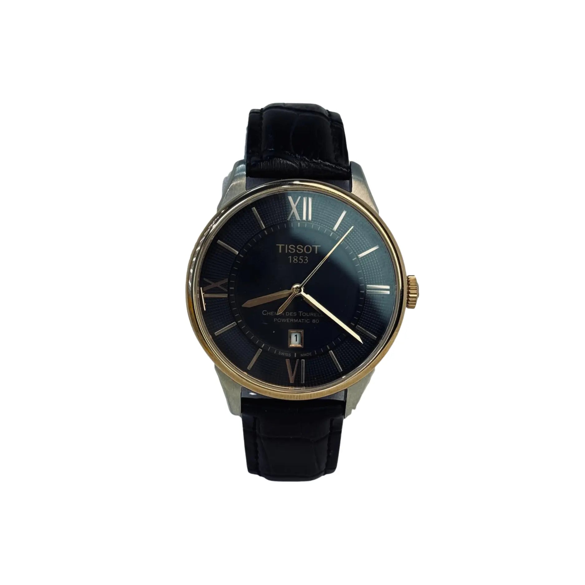 Tissot 1853 men's black leather strap watch with gold case and Roman numerals