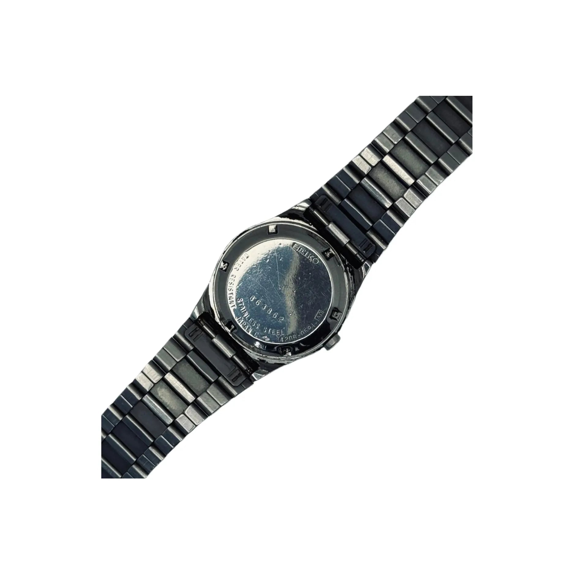 Stainless steel black wristwatch back view on white background, Nasasi Lifestyle accessory