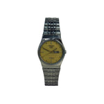 Vintage Seiko automatic wristwatch with stainless steel band and yellow dial on white background