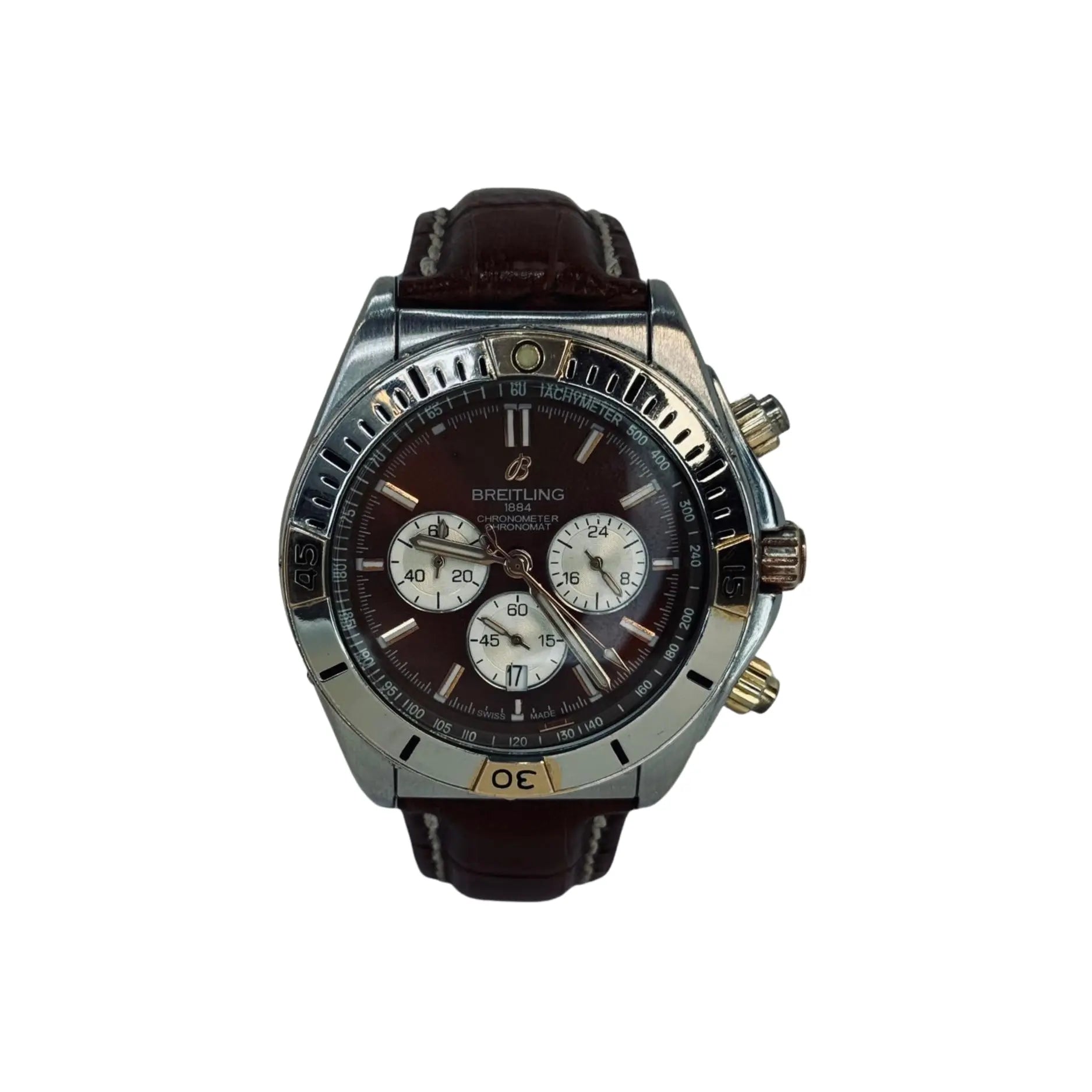 Breitling chronograph men's watch with brown leather strap and silver case on white background