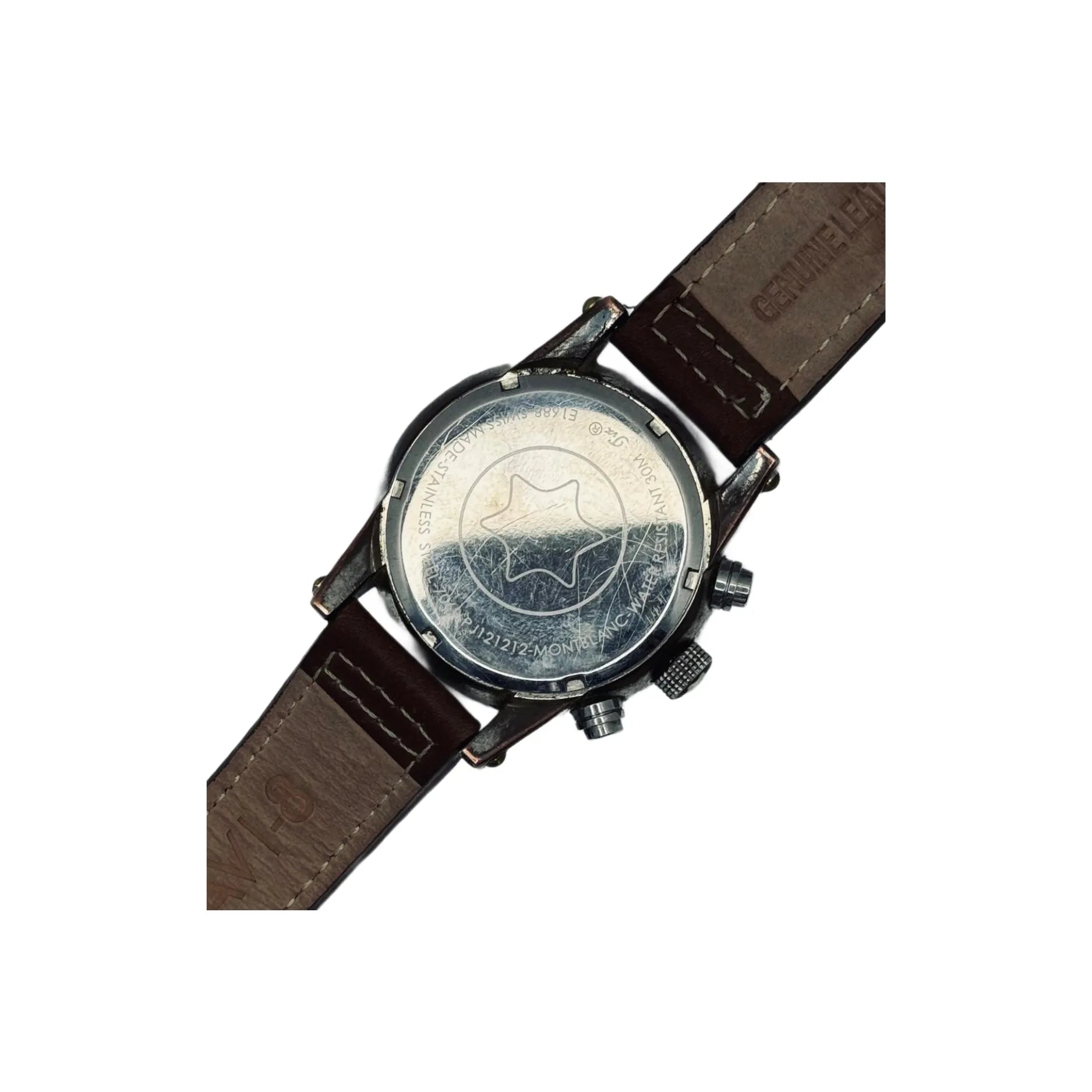 Back of stainless steel wristwatch with brown genuine leather strap, Nasasi Lifestyle