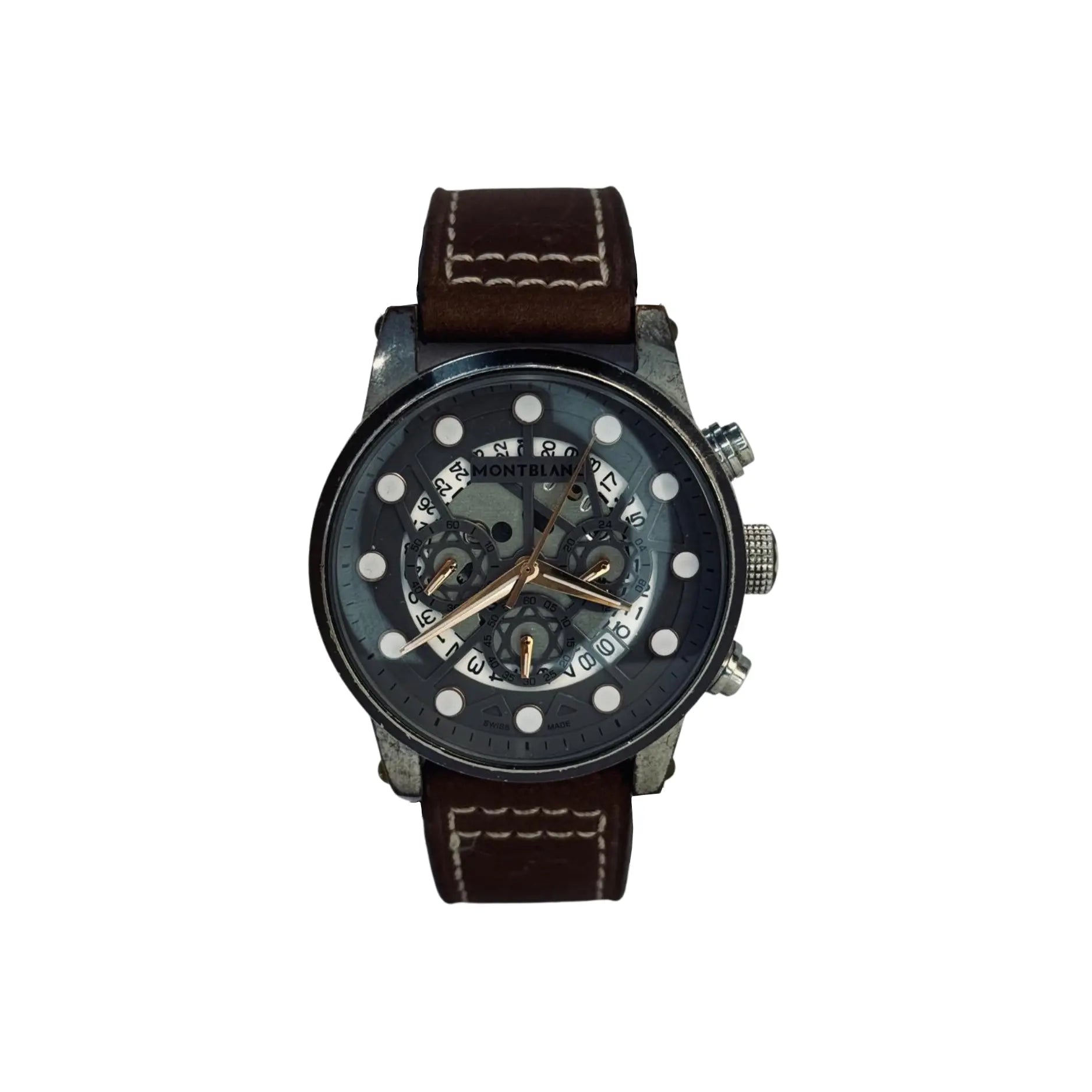 Montblanc luxury wristwatch with brown leather strap, exposed gears, on white background